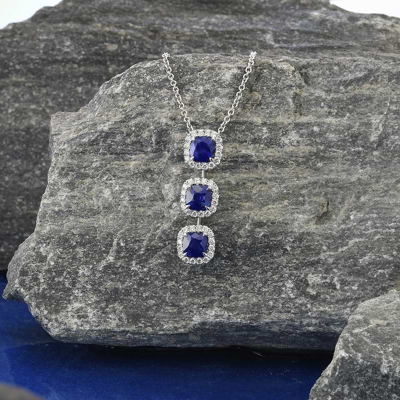 Blue Sapphire Cushion and Diamond 3 Stone Drop Halo Pendant, SKU 605393 (2.27Ct TW)  - 2