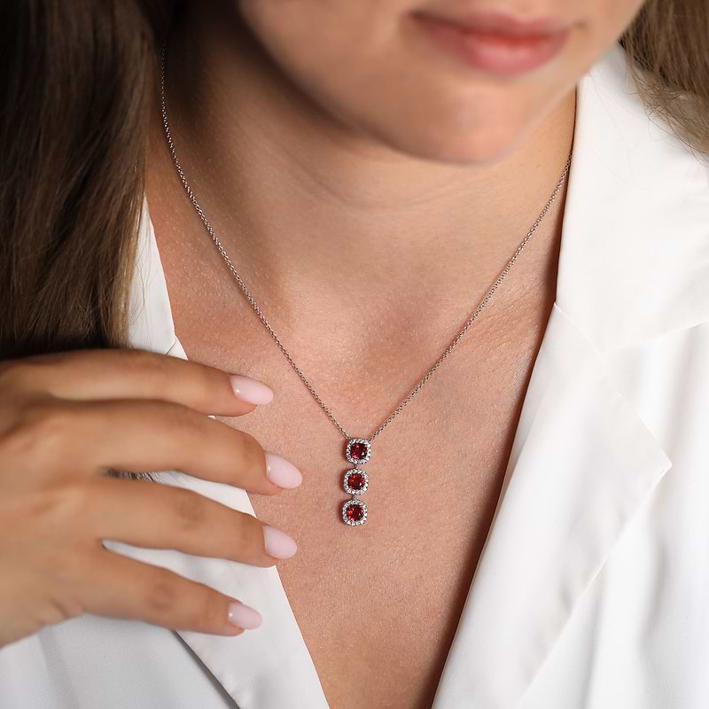 Ruby Cushion and Diamond Three-stone Drop Halo Pendant, SKU 605394 (1.95Ct TW)  - 2