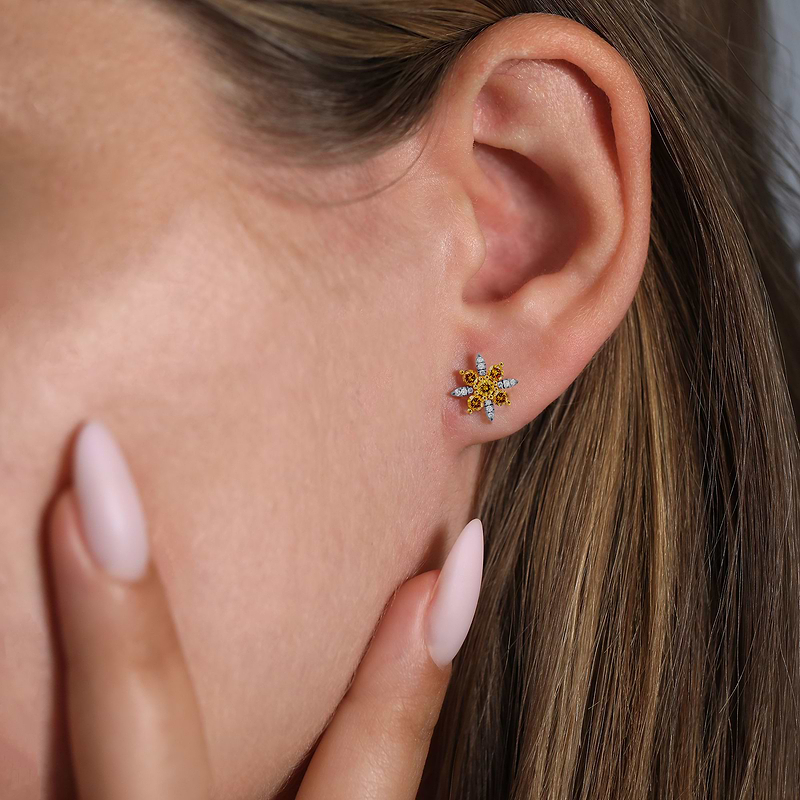 Fancy Vivid Orange Yellow and White Pave Diamond Earrings, SKU 614584 (0.67Ct TW)  - 2