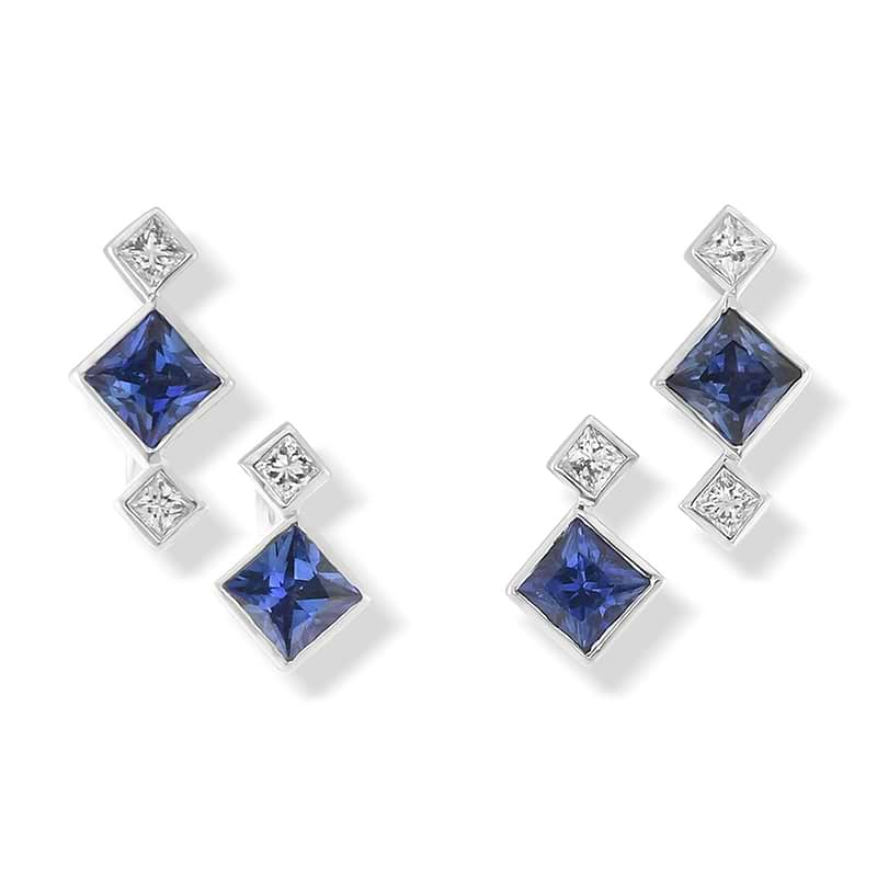 Princess Blue Sapphire and Diamond Drop Bezel Earrings, SKU 619176 (1.61Ct TW)