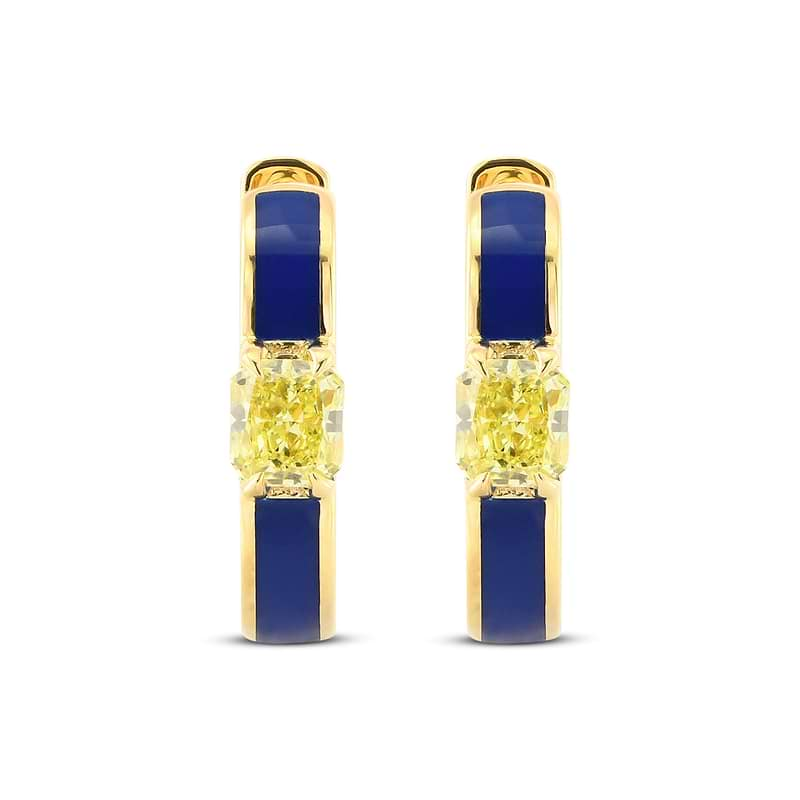 Radiant Fancy Yellow Diamond and Blue Enamel Hoop Earrings, SKU 624708 (0.63Ct TW)