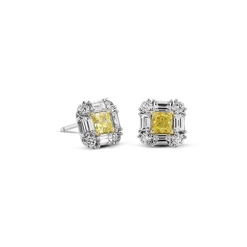 Extraordinary Cushion Fancy Intense Yellow Diamond Halo Stud Earrings, SKU 633593 (2.60Ct TW)