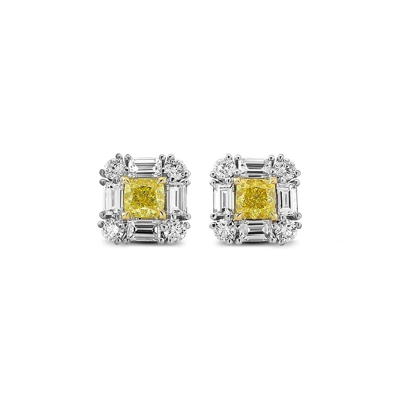 Extraordinary Cushion Fancy Intense Yellow Diamond Halo Stud Earrings, SKU 633593 (2.60Ct TW)