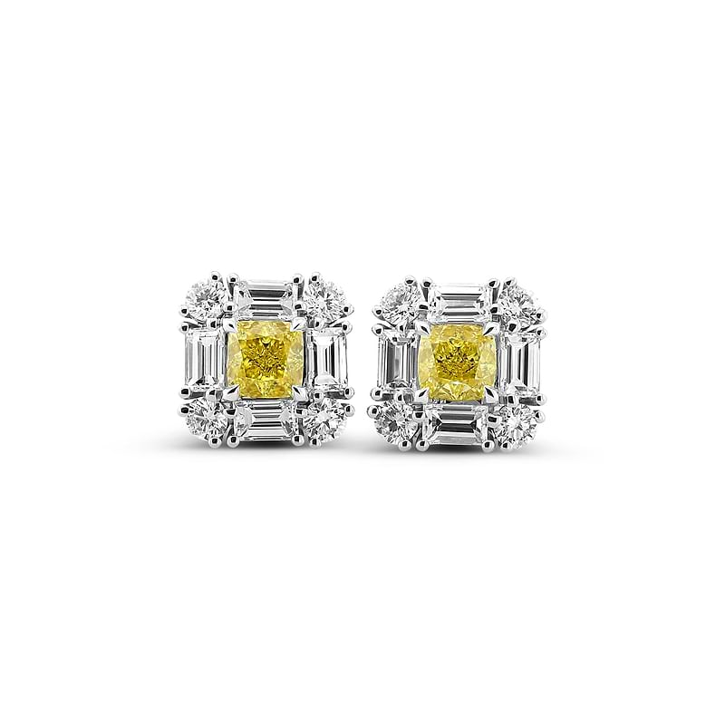 Extraordinary Cushion Fancy Intense Yellow Diamond Halo Stud Earrings, SKU 633593 (2.60Ct TW)