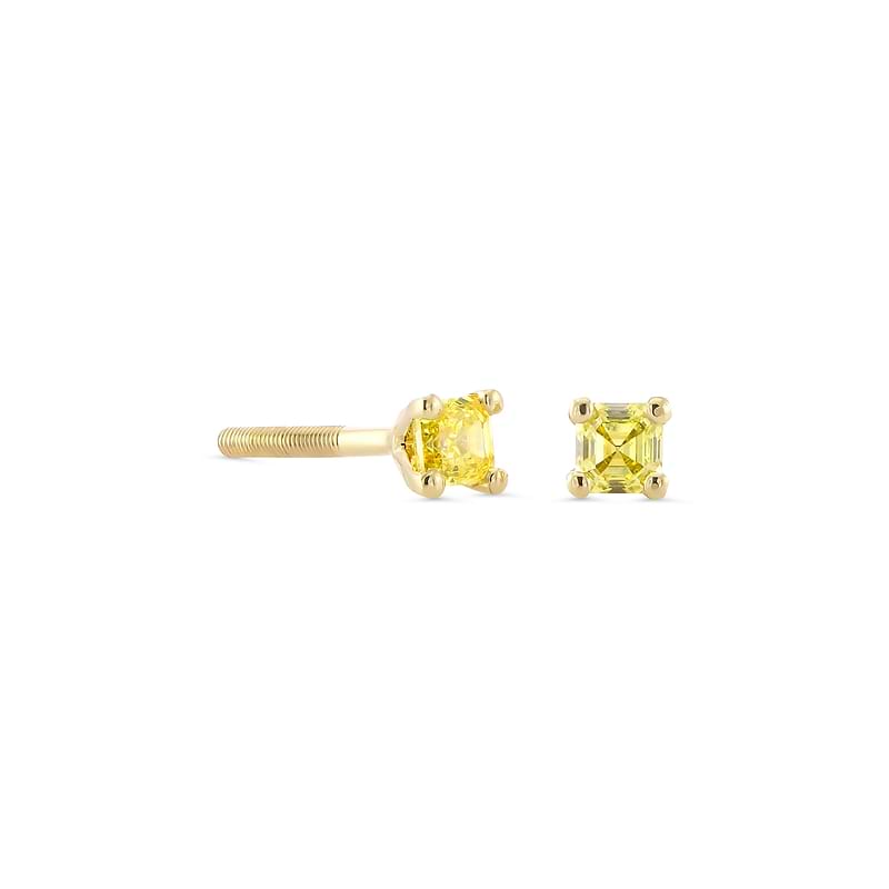 Fancy Intense Yellow Asscher Diamond Screw Back Four Prong Martini Stud Earring, SKU 638463 (0.42Ct TW)