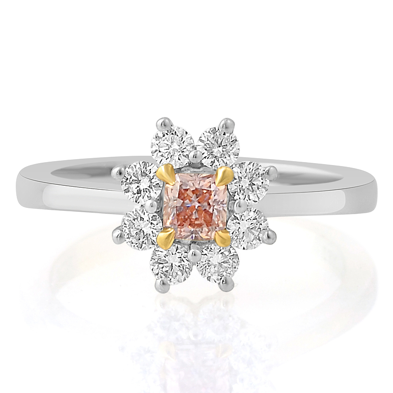 Fancy Orangy Pink Radiant and White Brilliant Diamond Dress Ring, SKU 72438 (0.62Ct TW)