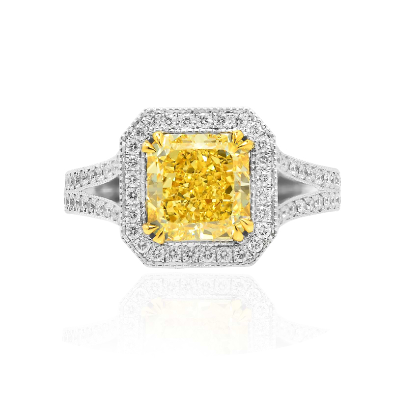 Fancy Intense Yellow Radiant Diamond closed pave setting and a split shank Halo Ring, SKU 94563 (3.41Ct TW)
