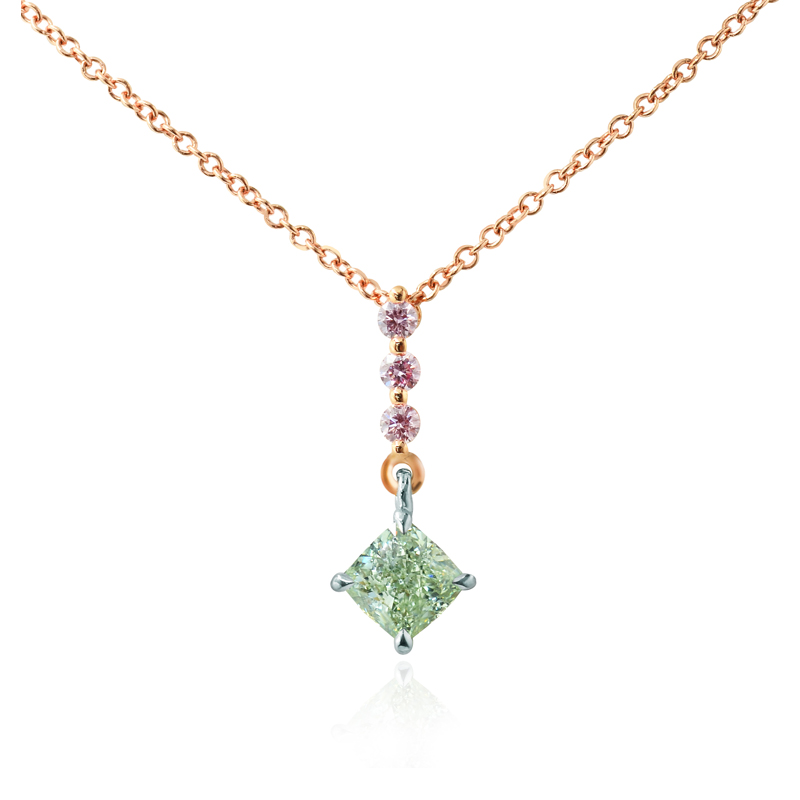 Fancy Light Yellowish Green Cushion & Pink Diamond Pendant