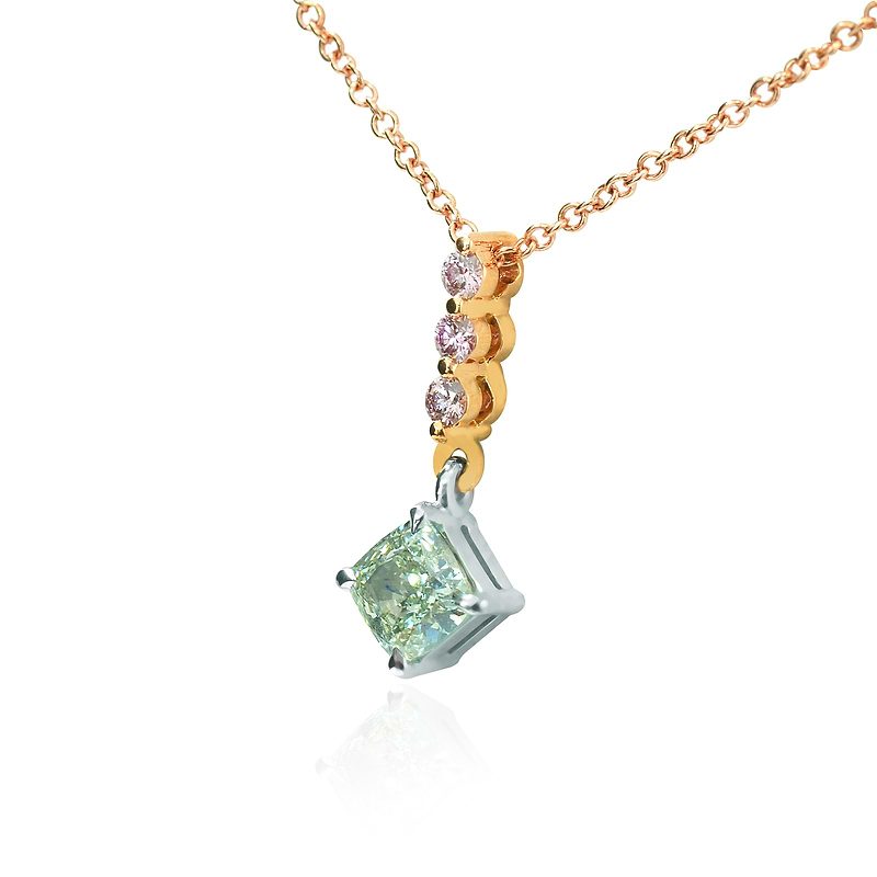 Fancy Light Yellowish Green Cushion & Pink Diamond Pendant