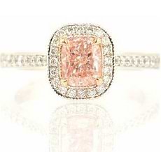 1.02ct, Fancy Light Pink, Pave mill grain halo ring, radiant SI2
