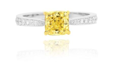 1.44 Carat, Fancy Yellow Cushion Diamond Pave Side Stone Ring, Cushion, VS2