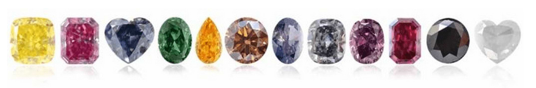 Diamond colors: Yellow, Pink, Blue, Green, Orange, Brown (Champagne), Violet, Gray, Purple, Red, Fancy Black and Fancy White