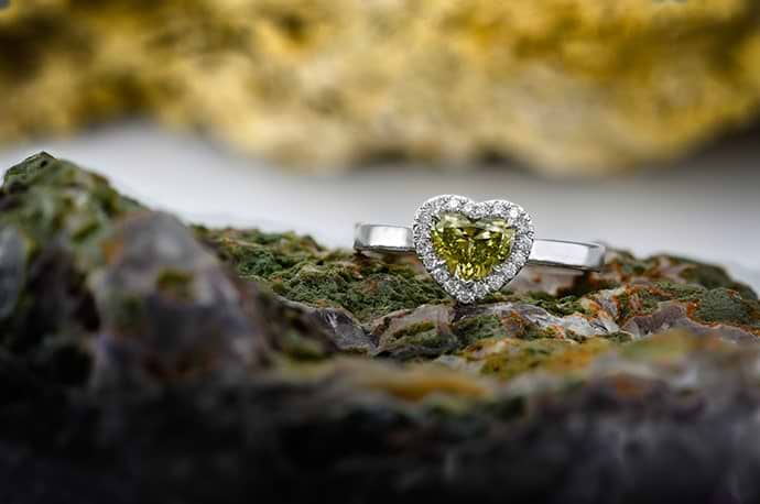 Fancy Brownish Greenish Yellow Heart Diamond Halo Ring