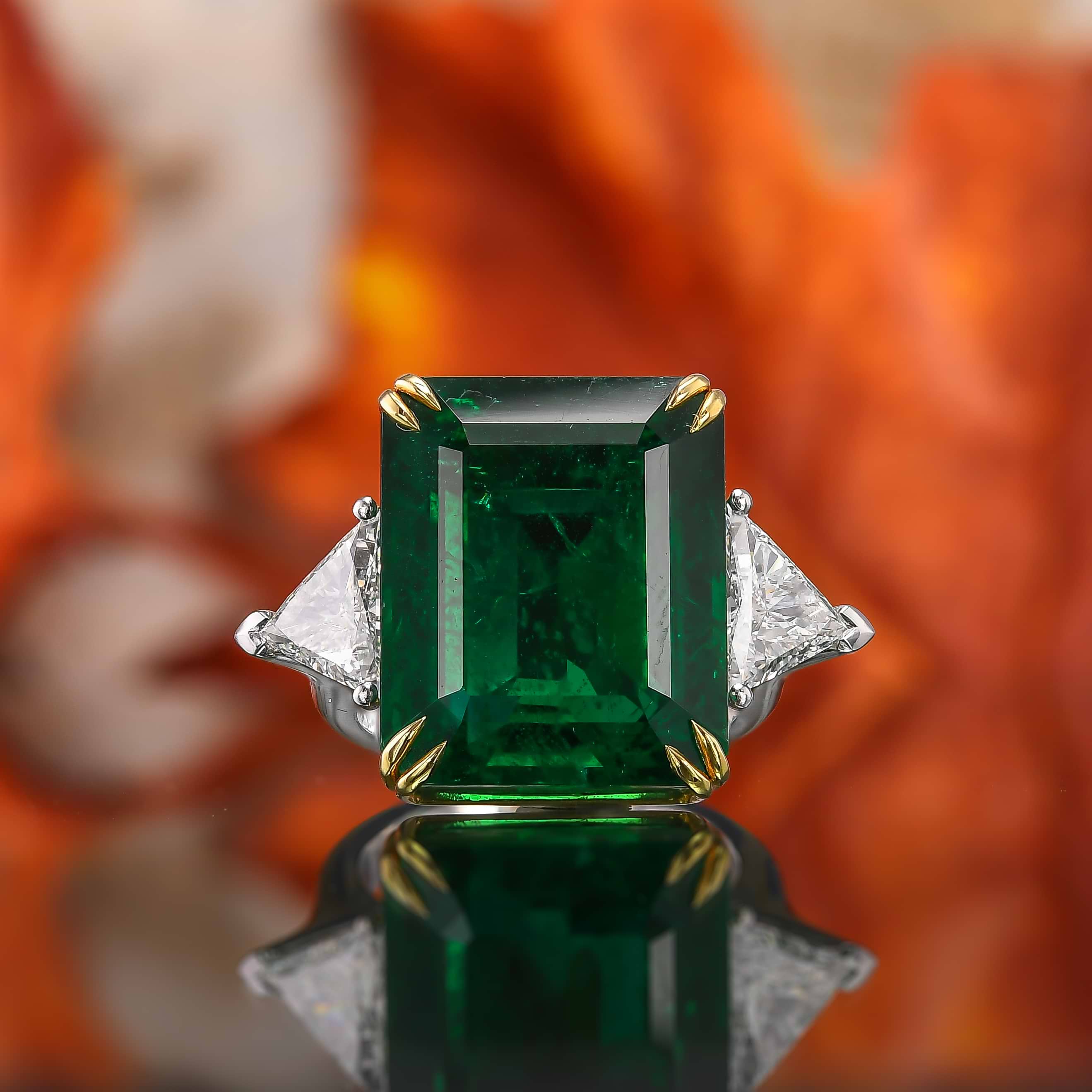 LEIBISH Vivid Green Octagon Emerald and Diamond Three-stone Ring