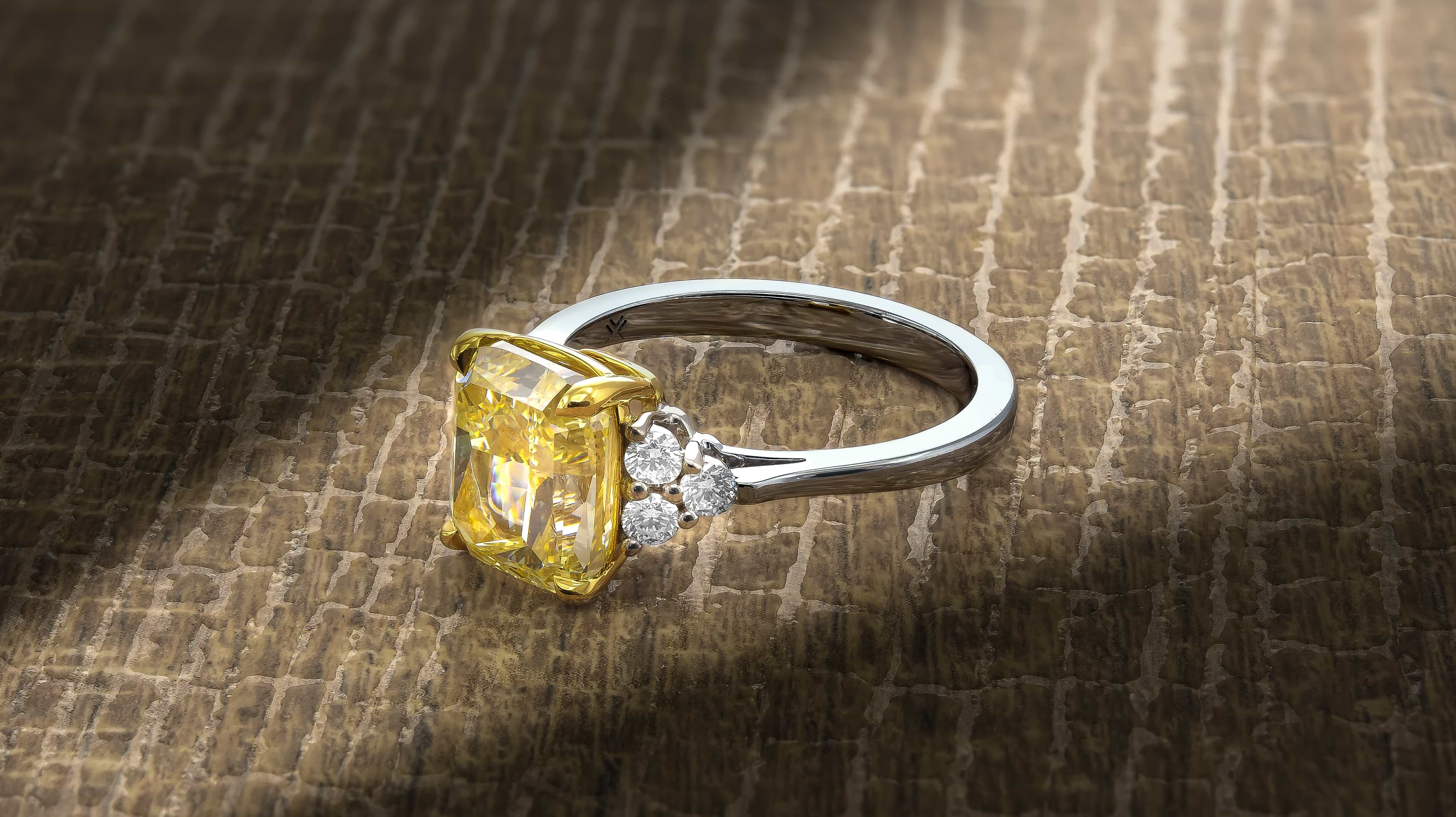 LEIBISH Light Yellow Cushion Side Stone Diamond Ring