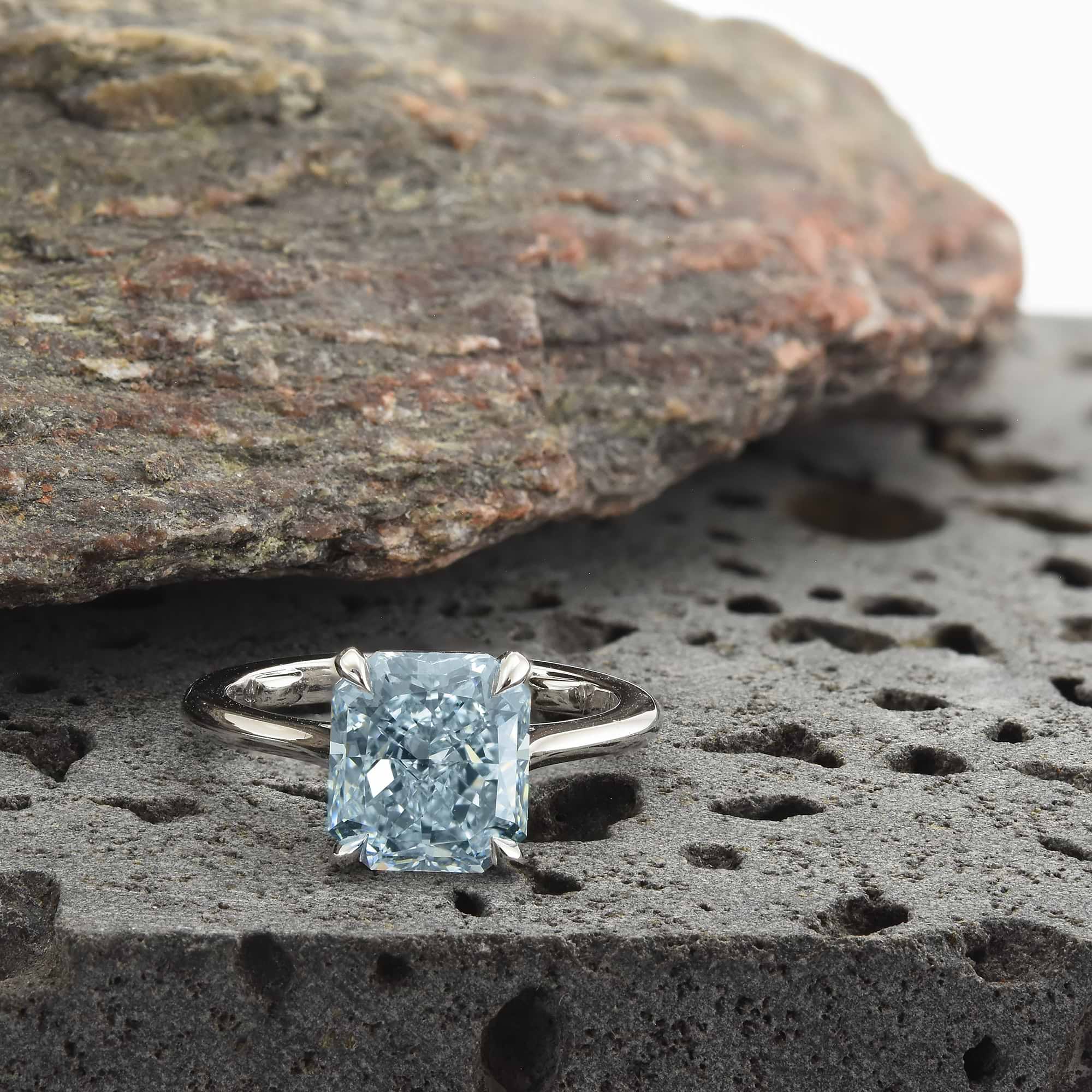 Fancy Greenish Blue Radiant Solitaire Diamond Ring
