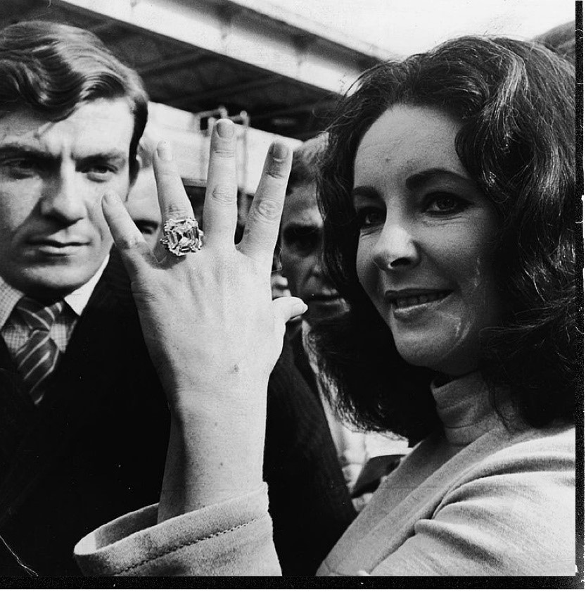 Elizabeth Taylor wearing her 33.19 carat Krupp diamond, renamed the Burton Taylor Diamond.