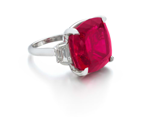 33.25 carat cushion cherry red spinel and diamond ring