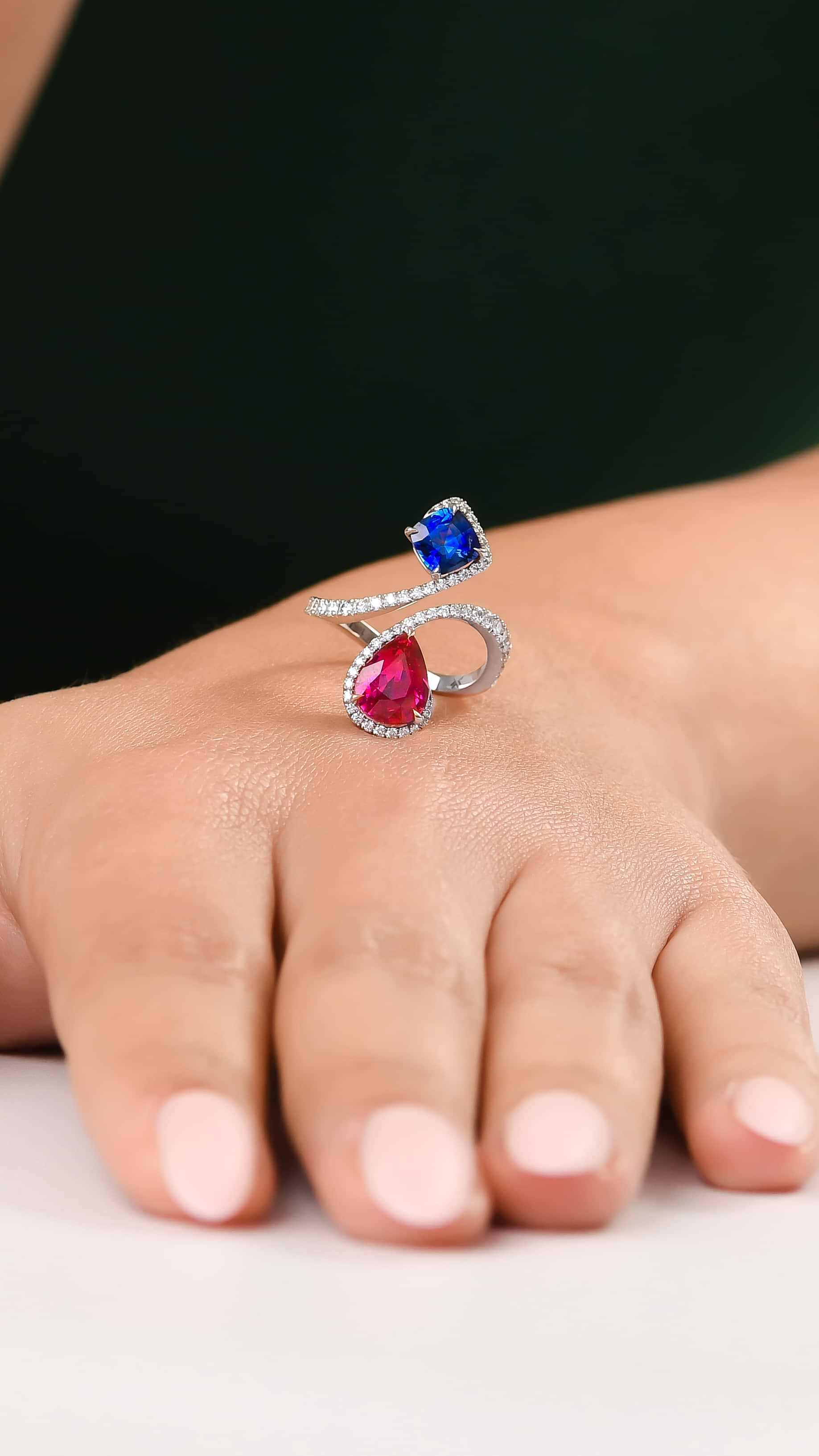 Red Ruby, Blue Sapphire and Diamond 2 Stone Crossover Ring