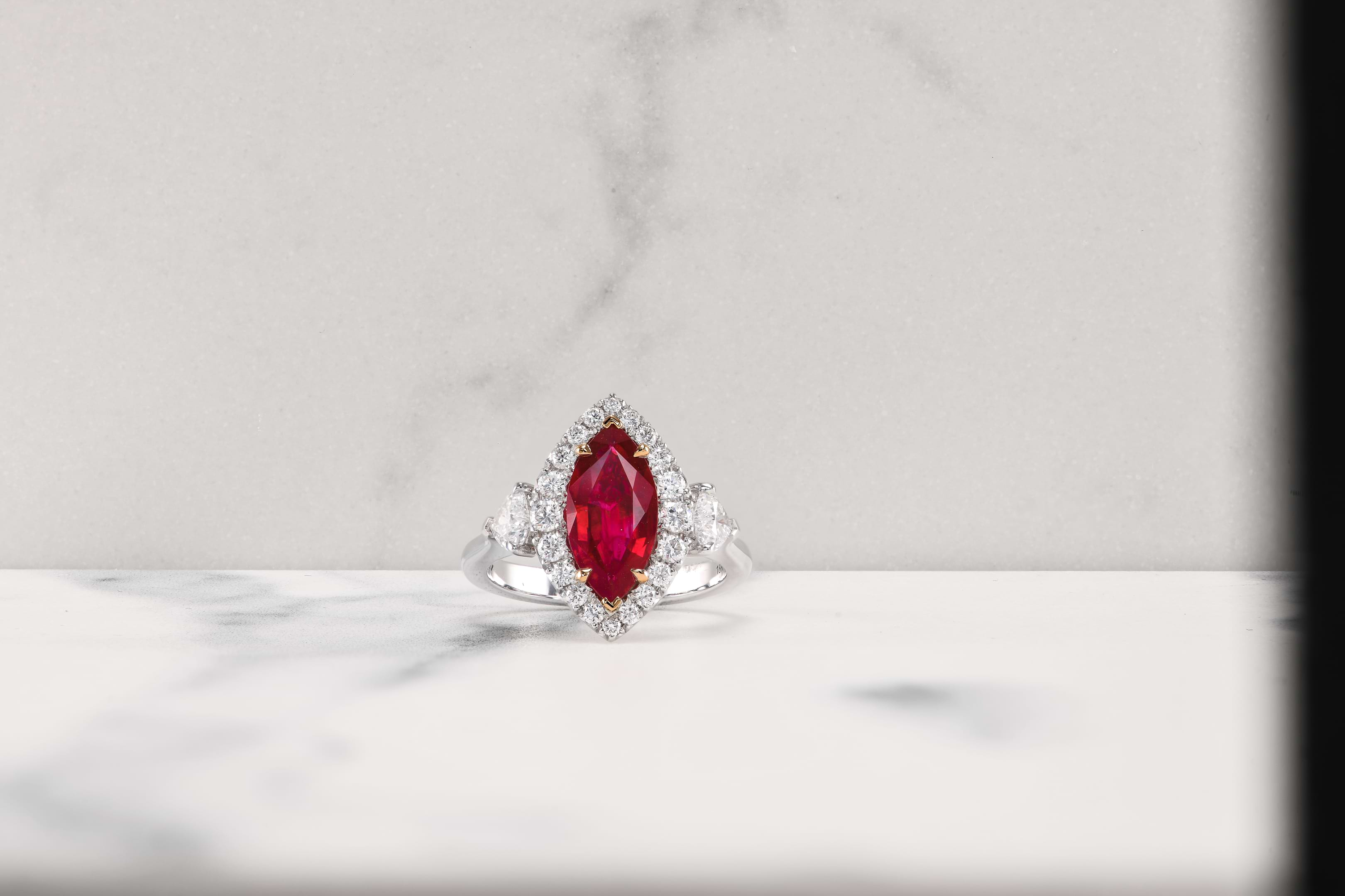 LEIBISH Burmese Marquise Ruby and Heart Diamond Three-Stone Halo Ring