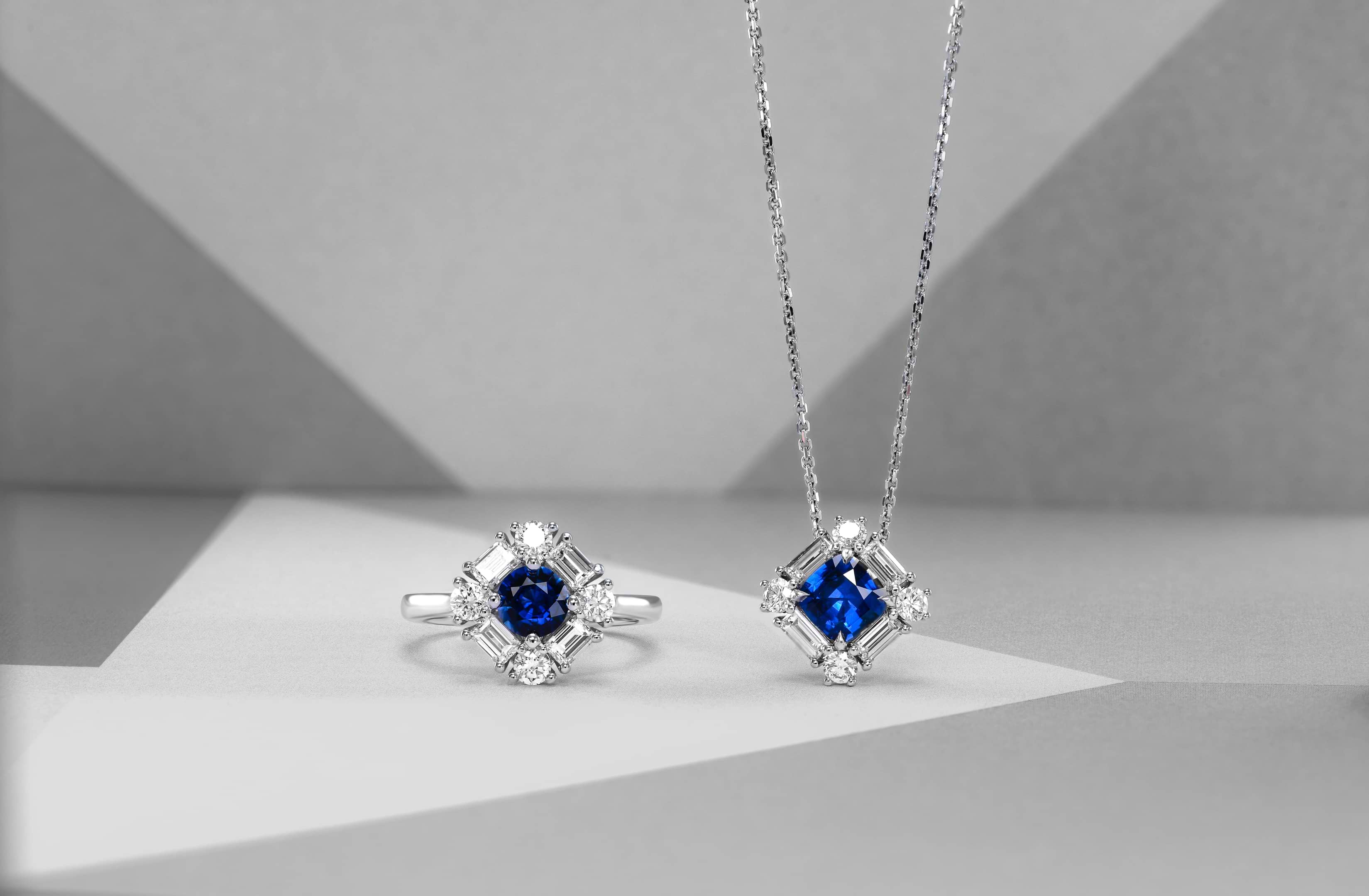 LEIBISH Cushion Blue Sapphire and Baguette Diamond Halo Pendant
