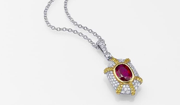 Mozambique Ruby, Intense Yellow and White Diamond Pendant, SKU 164491 (2.83Ct TW)