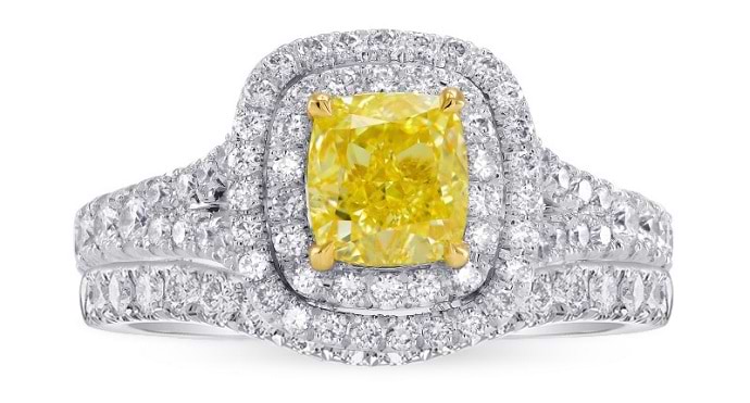 Fancy Intense Yellow Cushion Diamond Double Halo Engagement & Wedding Ring Set (1.85Ct TW)
