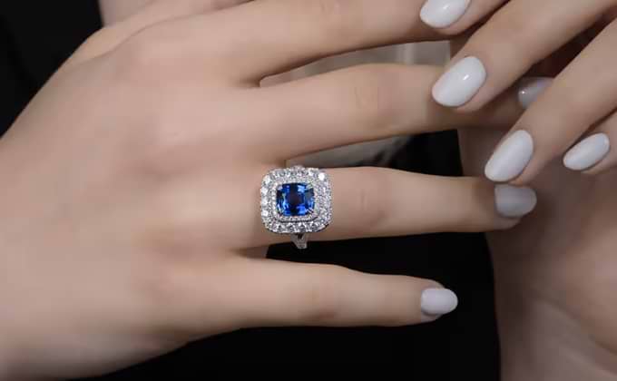 Cornflower Blue Sapphire Cushion and Diamond Double Halo Ring