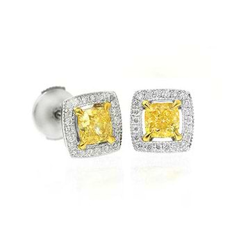 0.85 Carat, Floating Fancy Yellow halo earring studs, Cushion, VS1