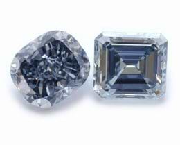 Diamant in Fancy-Tief-Gräulich-Blau im Kissenschliff mit 3,11 Karat und Diamant in Fancy-Gräulich-Blau im Smaragdschliff mit 2,83 Karat