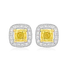 0.76 Carat, Fancy Intense Yellow Cushion Diamond Halo Earrings, Cushion, VS-SI