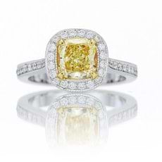 1.08 Carat, Fancy Yellow Internally Flawless Cushion Diamond Halo Ring, Cushion, IF