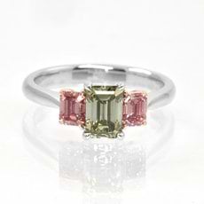 1.62 Carat, A Green and Brownish Pink Emerald Diamond 3 Stone Ring, Emerald