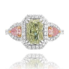 1.65 Carat, Fancy Light Yellowish Green Radiant & Fancy Intense Purplish Pink Pear Diamond Designer Ring, Radiant, SI1