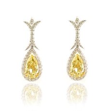 2.04 Carat, Fancy Light Yellow Halo Drop Earrings, Pear