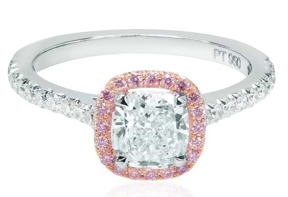 Colorless diamond ring with a pink diamond halo and a half eternity shank