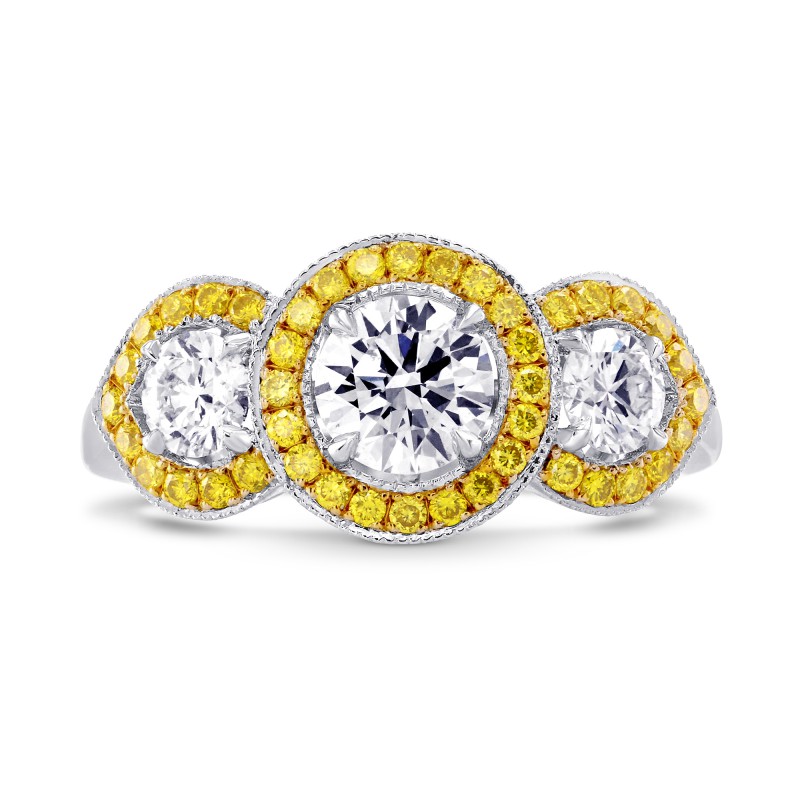 3 Stone Round White and Fancy Intense Yellow Diamond Halo Ring