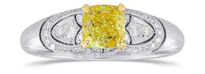 Fancy Intense Yellow Cushion Diamond Vintage Style Ring (0.95Ct TW)
