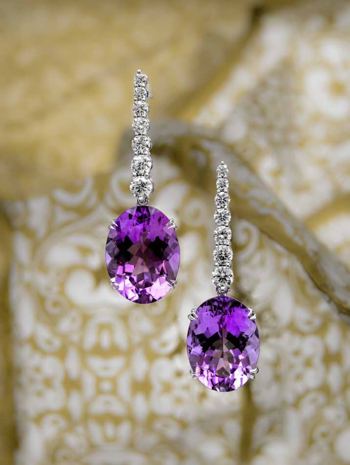 Amethyst & Diamond Oval Drop Earrings,