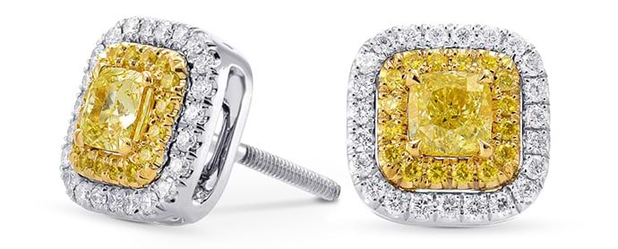 Fancy Intense Yellow Cushion Double Halo Earrings (1.11Ct TW)