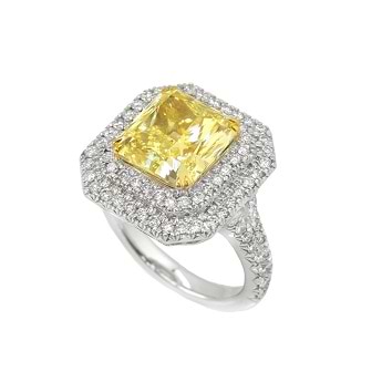 Fancy Light Yellow Radiant Diamond Double Halo Ring set in 18K white gold., SKU 34855 (6.45Ct TW)