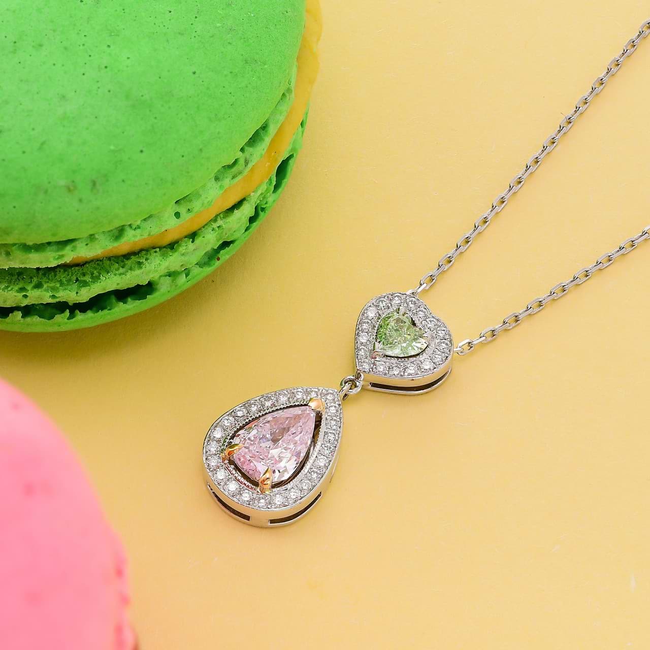 Very Light Pink Pear and Fancy Yellowish Green Heart Diamond Halo Drop Pendant (0.91Ct TW) SKU:   56374