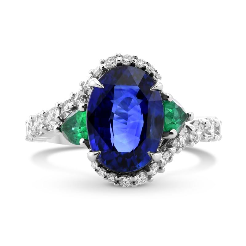 LEIBISH Royal Blue Oval Sapphire, Pear Emeralds, and Diamond Ring 