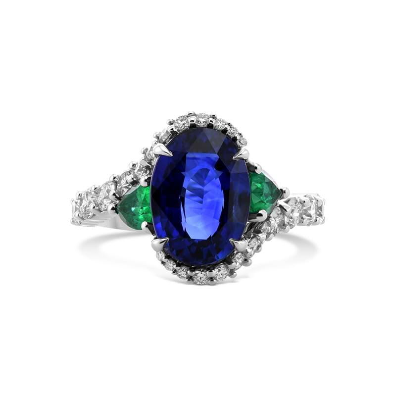 LEIBISH Royal Blue Oval Sapphire, Pear Emeralds, and Diamond Ring