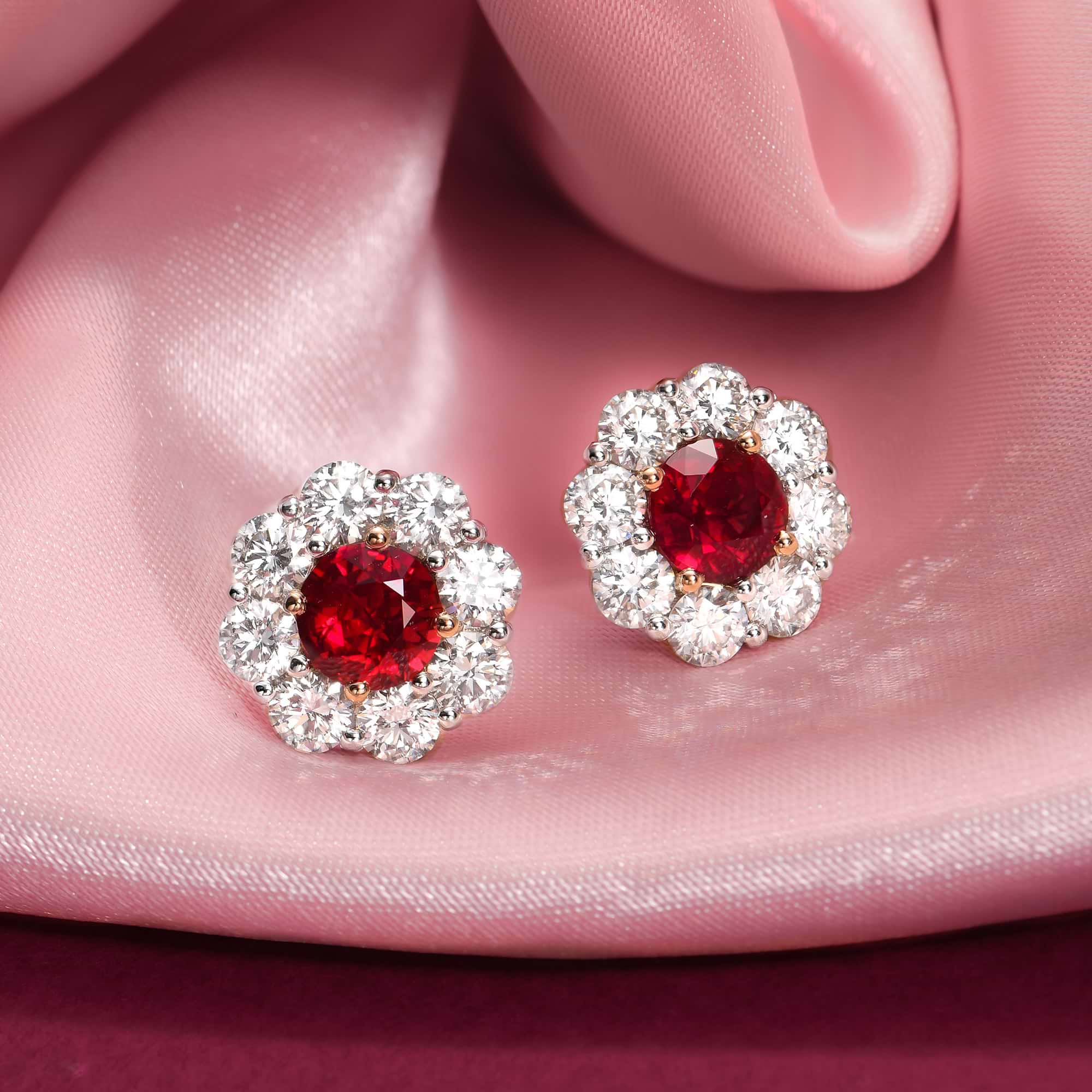 LEIBISH Mozambique Pigeon Blood Ruby & Diamond Floral Halo Earrings