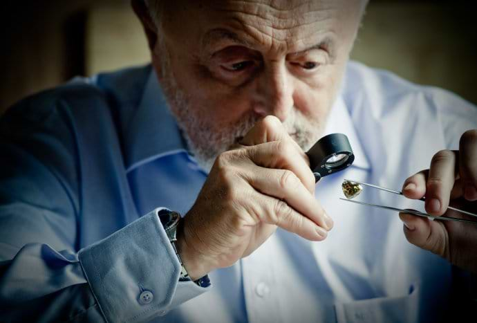 Leibish Polnauer inspects his diamonds