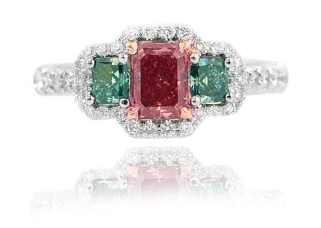 Three stone Red and Green Diamond Ring