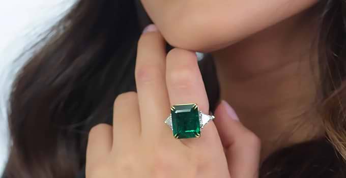 Vivid Green Octagon Emerald and Diamond 3 Stone Ring