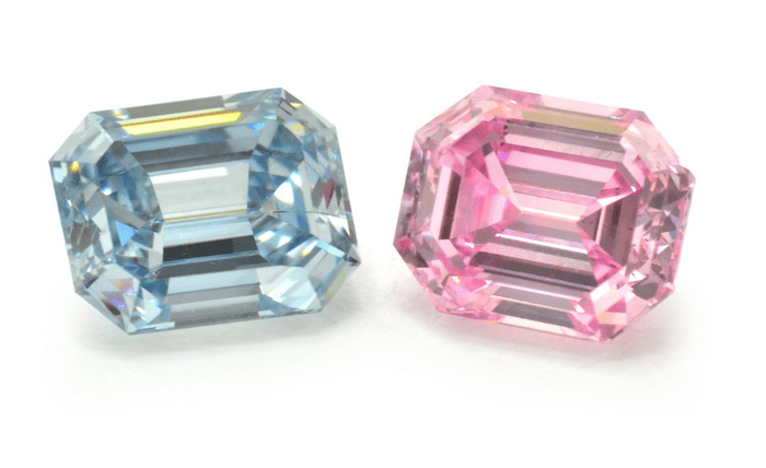 Fancy Intense Blue and Fancy Intense Pink Emerald Cut Diamonds