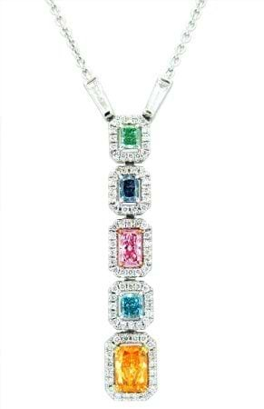 The Four Seasons Pendant contains 0.79ct, Fancy Vivid Orange diamond, a 0.19ct, Fancy Vivid Blue-Green diamond, a 0.22ct, Fancy Vivid Purple-Pink diamond, a 0.21ct, Fancy Vivid Blue diamond, and a 0.15ct, Fancy Vivid Green diamond